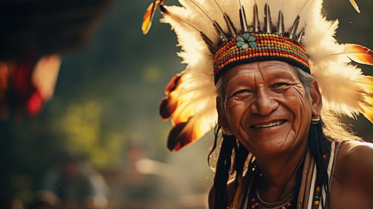 Pessoa Idosa indígena sorrindo com traje tradicional