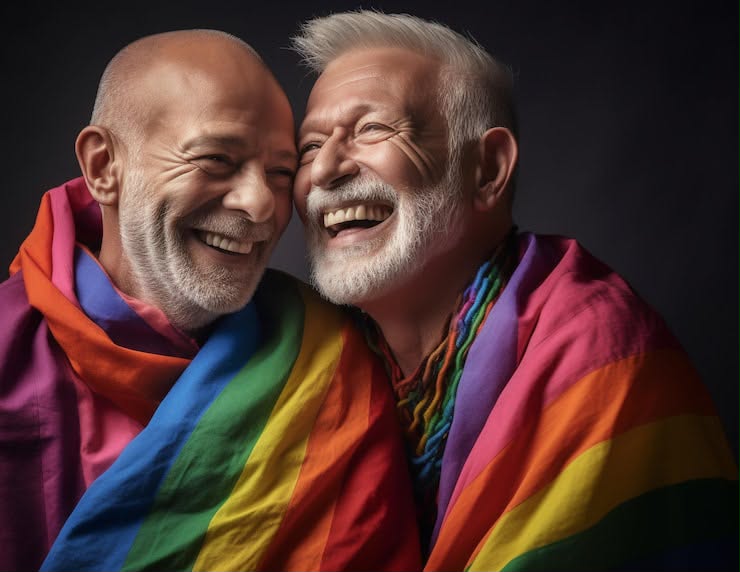 Casal de Pessoas Idosas LGBTQIA+ em momento de afeto