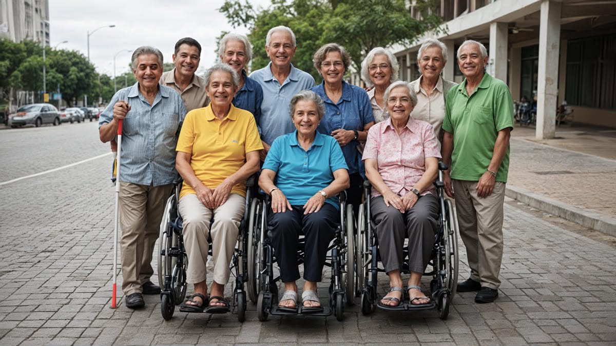 Grupo de Pessoas Idosas com deficiência reunidas em espaço urbano